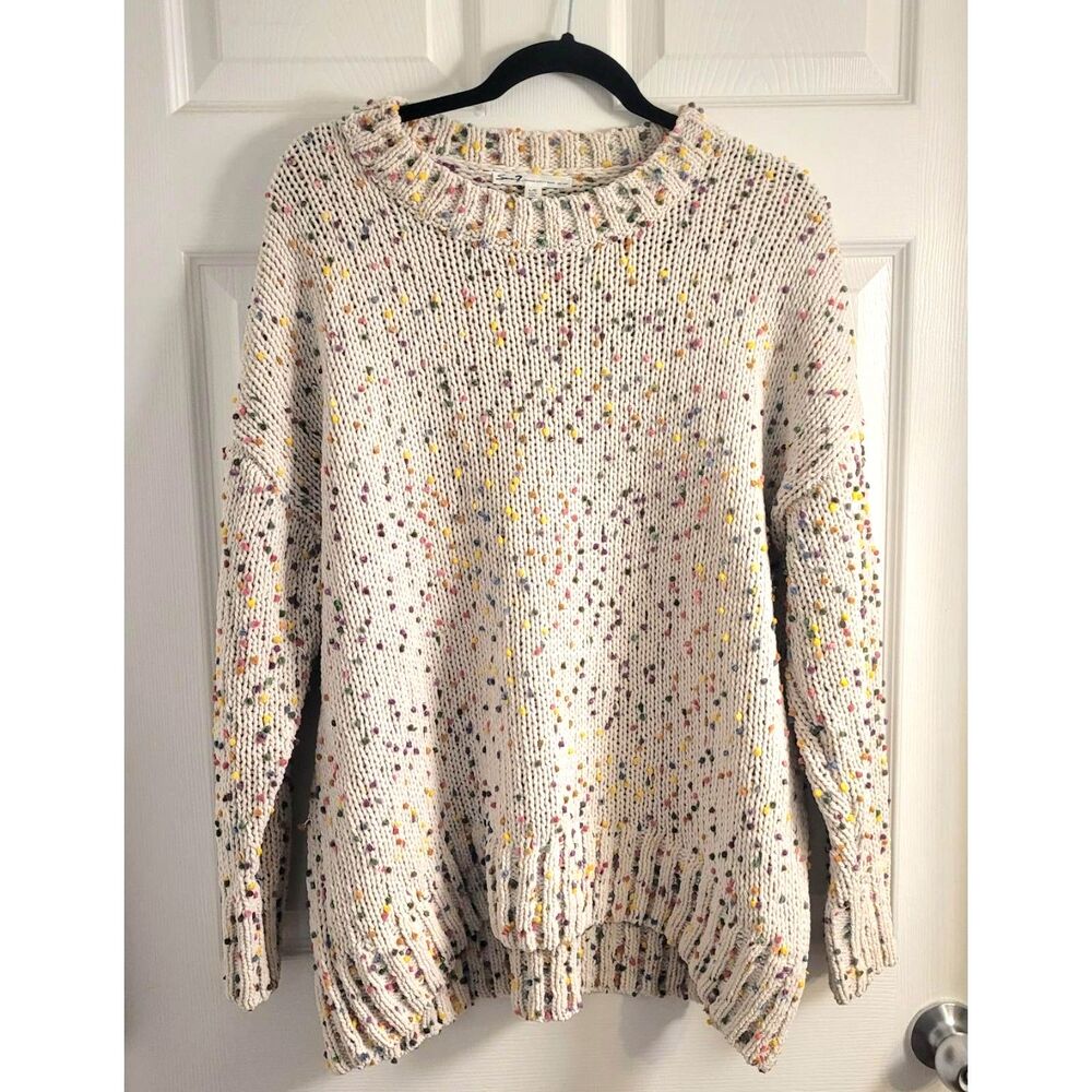 Seven7 L Cream Confetti Chenille Sweater Rainbow Pom Pom Chunky Knit Clowncore